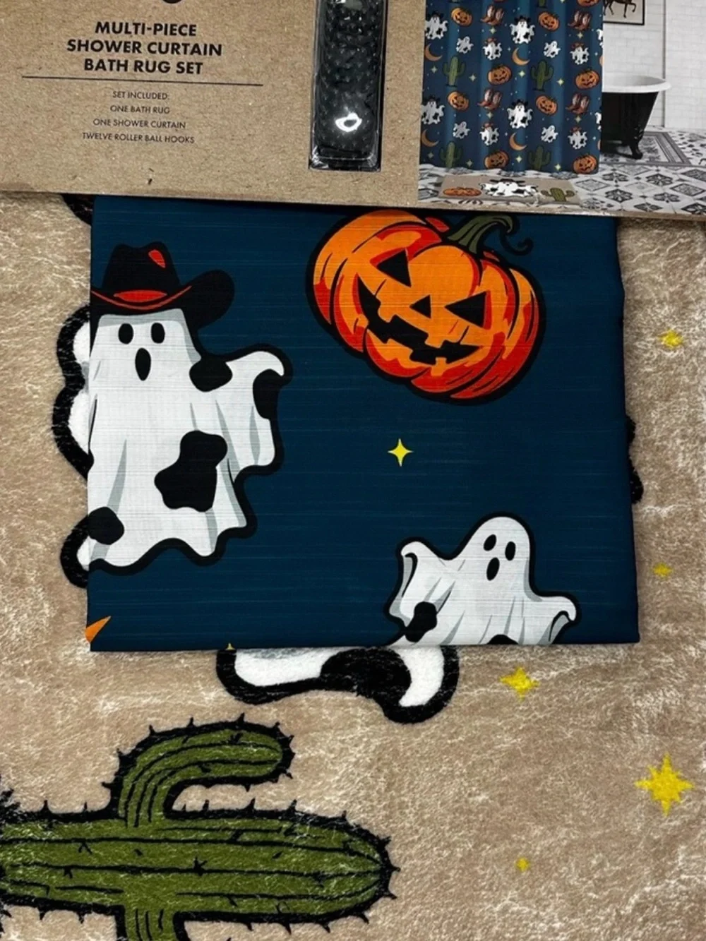 Wrangler Beige Halloween Ghost Door Mat with Pumpkin and Cowboy Hat